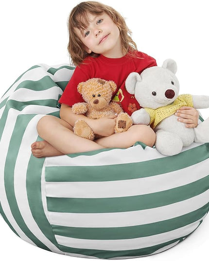 EXQ Home Kids Bean Bag Chairs Cover -Stuffed Animal Bean Bag Storage Green and White Stripes-Zipper Bean Bag for Organizing Children Plush Toys Holiday Gift for Girl,Boys (2XL) - LeafyLoom