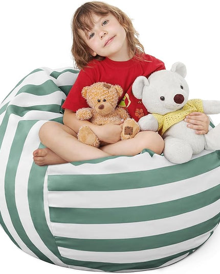 EXQ Home Kids Bean Bag Chairs Cover -Stuffed Animal Bean Bag Storage Green and White Stripes-Zipper Bean Bag for Organizing Children Plush Toys Holiday Gift for Girl,Boys (XL) - LeafyLoom