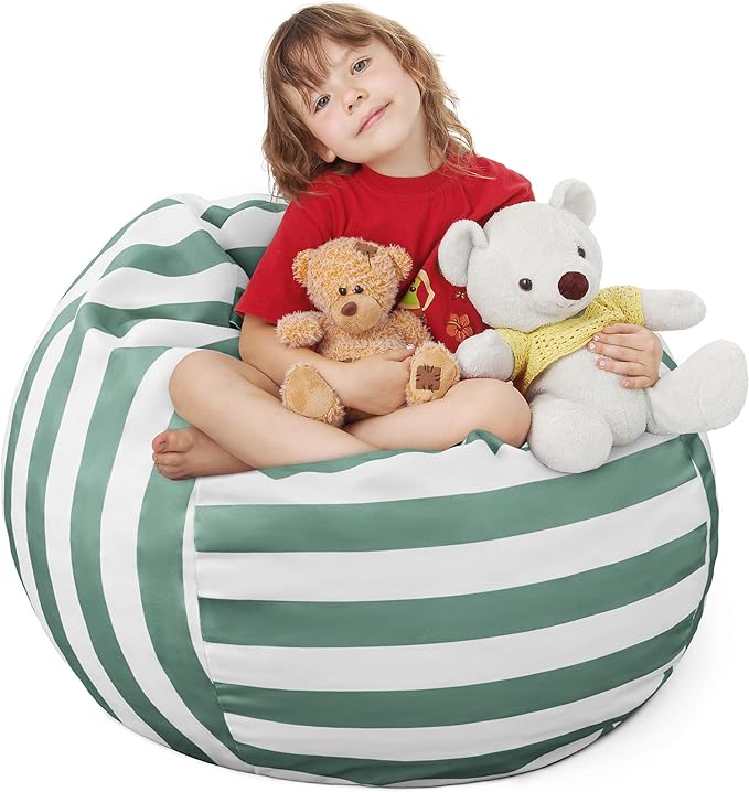 EXQ Home Kids Bean Bag Chairs Cover -Stuffed Animal Bean Bag Storage Green and White Stripes-Zipper Bean Bag for Organizing Children Plush Toys Holiday Gift for Girl,Boys - LeafyLoom