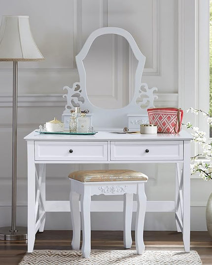 White Computer Desk with 2 Drawers, Modern Makeup Vanity Desk with Storage, Writing Desk for Home Office, 42'' Long Study Simple White Desk for Bedroom Console Table Living Room - LeafyLoom