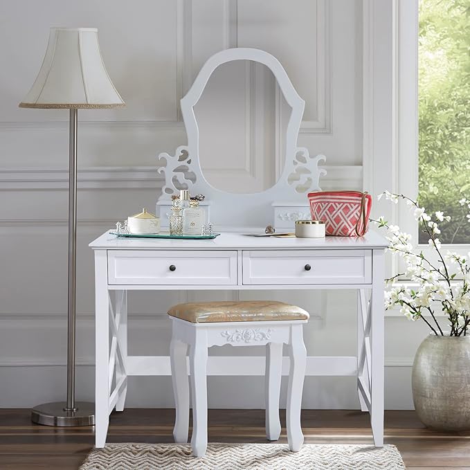 White Computer Desk with 2 Drawers, Modern Makeup Vanity Desk with Storage, Writing Desk for Home Office, 42'' Long Study Simple White Desk for Bedroom Console Table Living Room - LeafyLoom