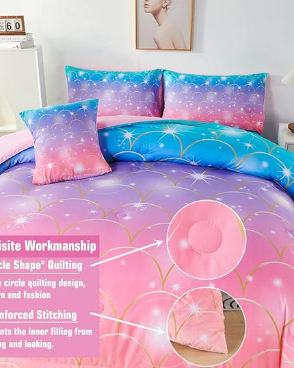 PERFEMET Pink Purple Mermaid Comforter Queen Size 6 Pieces Girls Bedding Set Colorful Rainbow Ombre Bed in A Bag Mermaid Scale Print Queen Comforter Set with Sheets - LeafyLoom