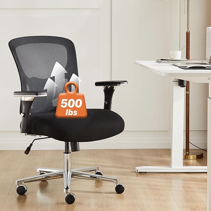 Sweetcrispy Big and Tall Office Desk Chair with Lumbar Support, 500lbs Heavy Duty Mesh Ergonomic Computer Chair with Arm and Wide Comfy Seat, Wheels for Adult - LeafyLoom