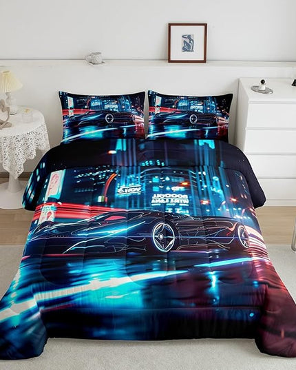 Feelyou City Racing Car Bedding Set King Size for Kids Boys Extreme Sport Games Comforter Set Teens Toddler Fast and Furious Duvet Set Cool Modern Quilt Set 3Pcs - LeafyLoom
