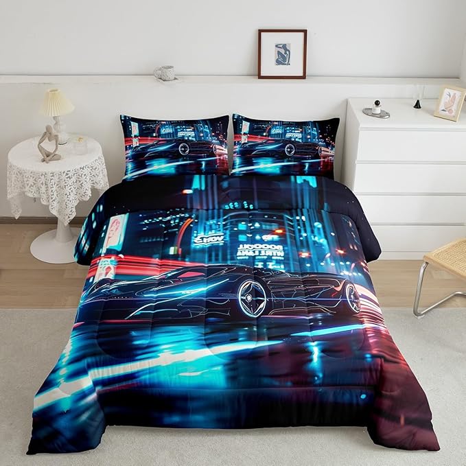 Feelyou City Racing Car Bedding Set King Size for Kids Boys Extreme Sport Games Comforter Set Teens Toddler Fast and Furious Duvet Set Cool Modern Quilt Set 3Pcs - LeafyLoom