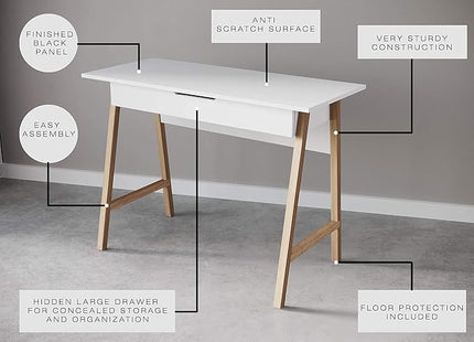 PARMA 42 Inch Modern Desk - Home & Office Small Computer Desk with Wide Drawer - Wooden Study Writing Minimalist Desk with Storage for Small Space, Bedroom & Workstations - Student Desk/Table (White) - LeafyLoom