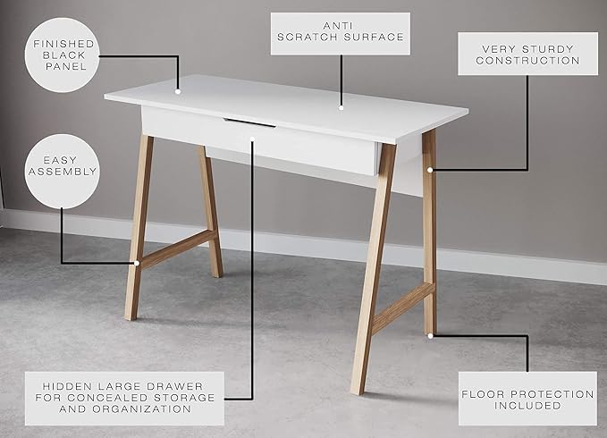 PARMA 42 Inch Modern Desk - Home & Office Small Computer Desk with Wide Drawer - Wooden Study Writing Minimalist Desk with Storage for Small Space, Bedroom & Workstations - Student Desk/Table (White) - LeafyLoom