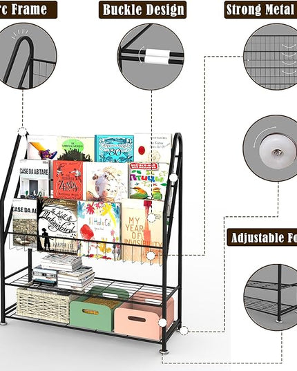 Kids Bookshelf Freestanding for Children Room 32 Inches Large Black Metal Bookcase Large Capacity Books Toys Organizer Stable 5 Tiers Kids Book Rack for Playroom Bookstore Library - LeafyLoom