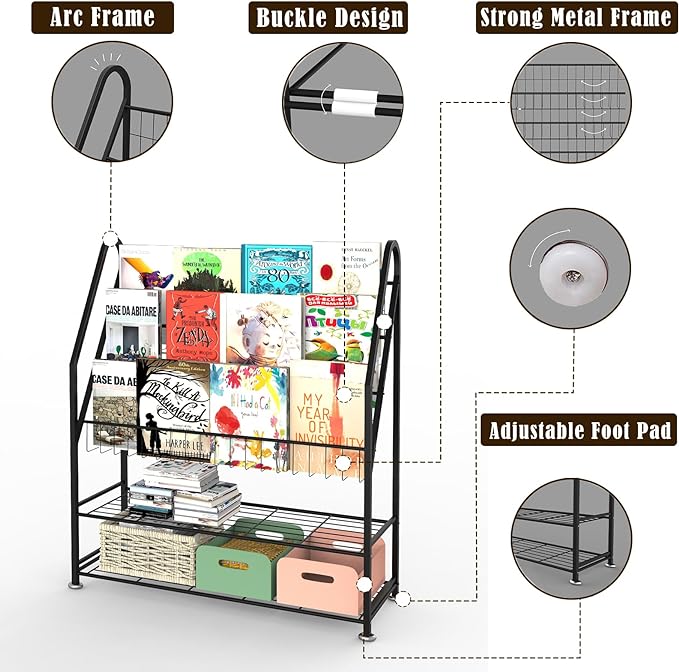 Kids Bookshelf Freestanding for Children Room 32 Inches Large Black Metal Bookcase Large Capacity Books Toys Organizer Stable 5 Tiers Kids Book Rack for Playroom Bookstore Library - LeafyLoom