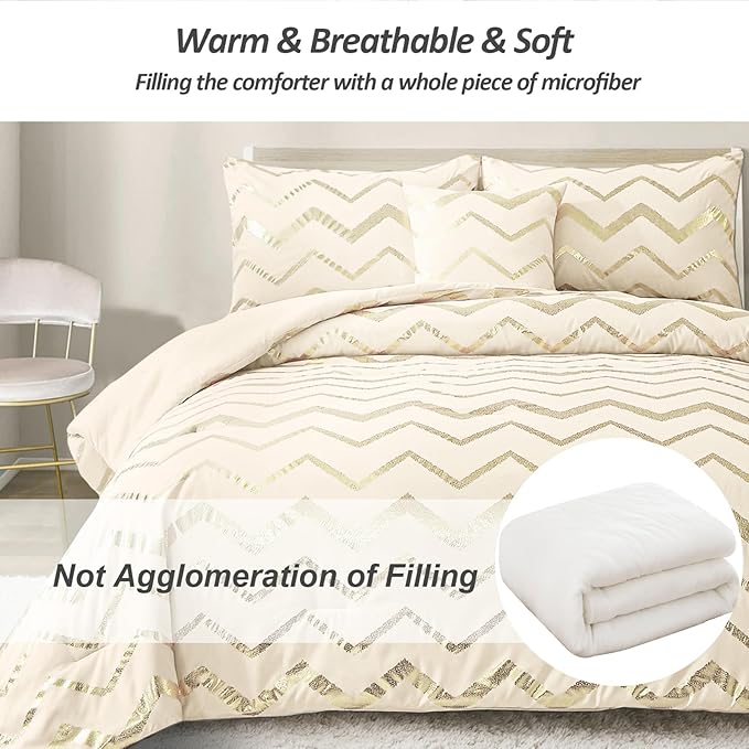 Girls Comforter Set Twin Size Cream Bedding Set Cute Metallic Gold Bed Comforter 3 Piece Lightweight Microfiber Comforter for Kids Teen - LeafyLoom
