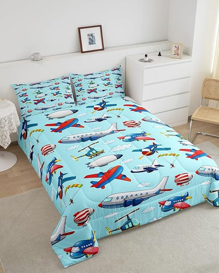 Feelyou Kids Aircraft Comforter Set Boys Cartoon Airplane Print Comforter Helicopter Flying Plane Bedding Set for Girls Travel Decor Duvet Set Cute Colorful Planes Room Decor King Size Quilt Boys - LeafyLoom