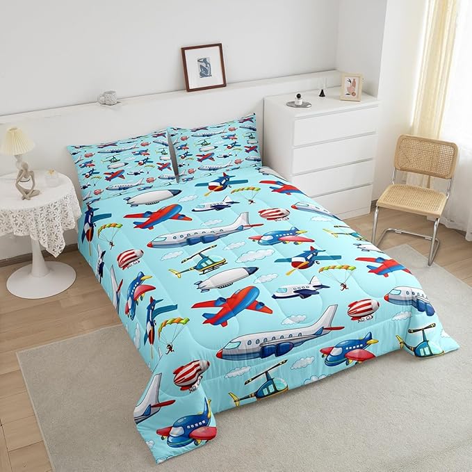 Feelyou Kids Aircraft Comforter Set Boys Cartoon Airplane Print Comforter Helicopter Flying Plane Bedding Set for Girls Travel Decor Duvet Set Cute Colorful Planes Room Decor King Size Quilt Boys - LeafyLoom