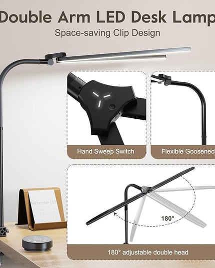 Brightown LED Desk Lamp for Office Home, 24W Double Head Architect Desk Lamp with Clamp, Remote Control, Hand Sweep Switch, Stepless Lighting, Flexible Gooseneck Dimming Table Light - LeafyLoom