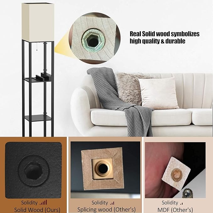 PAZZO Smart RGB Floor lamp with Shelves, Shelf Floor Lamp with Alexa, Solid Wood with 2 Charging Ports and 1 Power Outlet, Modern Standing Lamp for livingroom, Bedroom,Bulb Included,Matt Black - LeafyLoom