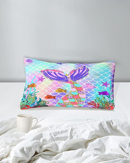 Mermaid Tail Comforter Set Twin for Kids Girls Bedroom, Rainbow Mermaid Fish Scale Comforter Set Twin Bed in a Bag, Glitter Mermaid Printed Pattern Bedding Decor 1 Comforter 1 Pillowcase - LeafyLoom