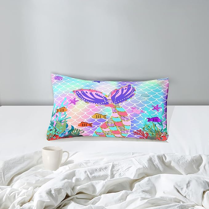 Mermaid Tail Comforter Set Twin for Kids Girls Bedroom, Rainbow Mermaid Fish Scale Comforter Set Twin Bed in a Bag, Glitter Mermaid Printed Pattern Bedding Decor 1 Comforter 1 Pillowcase - LeafyLoom