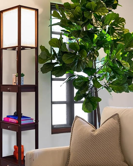 Brightech Maxwell Drawer Edition - Modern Shelf Floor Lamp with Drawer - Corner Display Floor Lamps with Shelves for Living Room, Bedroom and Office - Havana Brown - LeafyLoom