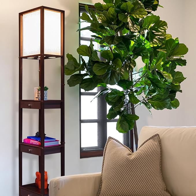 Brightech Maxwell Drawer Edition - Modern Shelf Floor Lamp with Drawer - Corner Display Floor Lamps with Shelves for Living Room, Bedroom and Office - Havana Brown - LeafyLoom