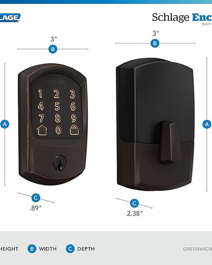 SCHLAGE BE489WB GRW 716 Encode WiFi Deadbolt Smart Lock, Keyless Entry Touchscreen Door Lock with Greenwich Trim, Aged Bronze SchlageLockCompany
