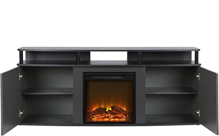 Ameriwood Home Carson Fireplace TV Stand for TVs up to 70 Inch, Replaceable Electric Fireplace Insert Heater, Realistic Log and Flame Effect, For Living Room or Bedroom, Gray - LeafyLoom