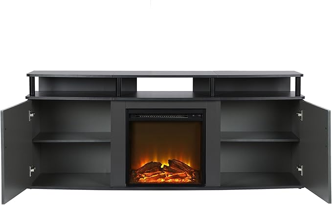 Ameriwood Home Carson Fireplace TV Stand for TVs up to 70 Inch, Replaceable Electric Fireplace Insert Heater, Realistic Log and Flame Effect, For Living Room or Bedroom, Gray - LeafyLoom