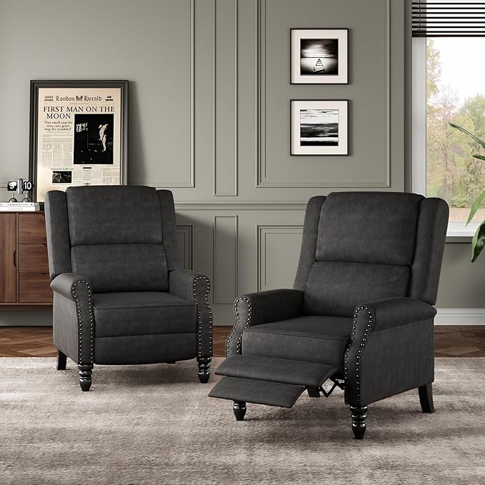 STARY Faux Leather Pushback Recliner Chair for Living Room Bedroom RV, Dark Gray - LeafyLoom