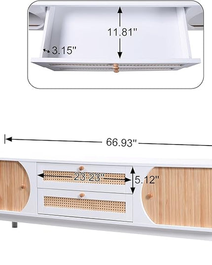 Merax Rattan TV Stand for TVs up to 75", Modern Farmhouse Media Console with Multi-Functional Storage, Boho Entertainment Center with Solid Wood Legs, Television Cabinet for Living Room, Natural+White - LeafyLoom