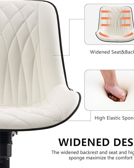 YOUNIKE Office Chair with Wheels Armless Desk Chair Swivel Rolling Task Chair with Back Upholstered Faux Leather Computer Chair Height Adjustable Modern Ergonomic Wide Seat White - LeafyLoom