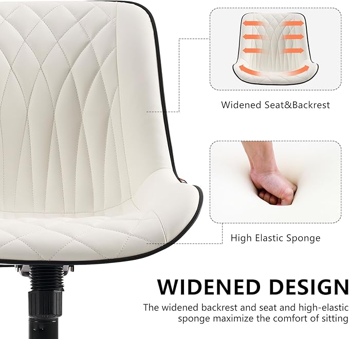 YOUNIKE Office Chair with Wheels Armless Desk Chair Swivel Rolling Task Chair with Back Upholstered Faux Leather Computer Chair Height Adjustable Modern Ergonomic Wide Seat White - LeafyLoom