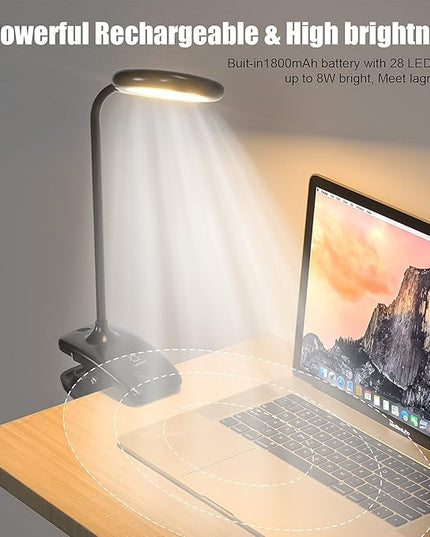 DEEPLITE LED Desk Lamp Clip on Lamp Battery Powered Clip on Light Book Light for Bed, Eye-Caring Flexible Arm Memory Touch 3 Color Modes & Stepless Brightness Portable Reading Light for Study Work. - LeafyLoom