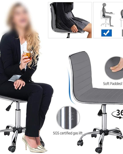 Yaheetech PU Leather Office Chair Task Chair, Ribbed Armless Desk Chair, Adjustable Low Back Executive Chair with Wheels Grey - LeafyLoom