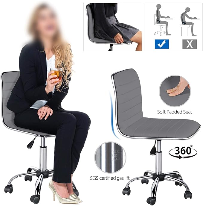 Yaheetech PU Leather Office Chair Task Chair, Ribbed Armless Desk Chair, Adjustable Low Back Executive Chair with Wheels Grey - LeafyLoom