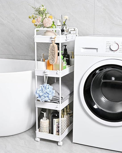 AROGAN Rolling Storage Cart with Wheels, 4 Tier Bathroom Storage Cart Laundry Room Organizer, Rolling Utility Cart for Kitchen, Bathroom, Laundry Room, Office, Narrow Place (White) - LeafyLoom