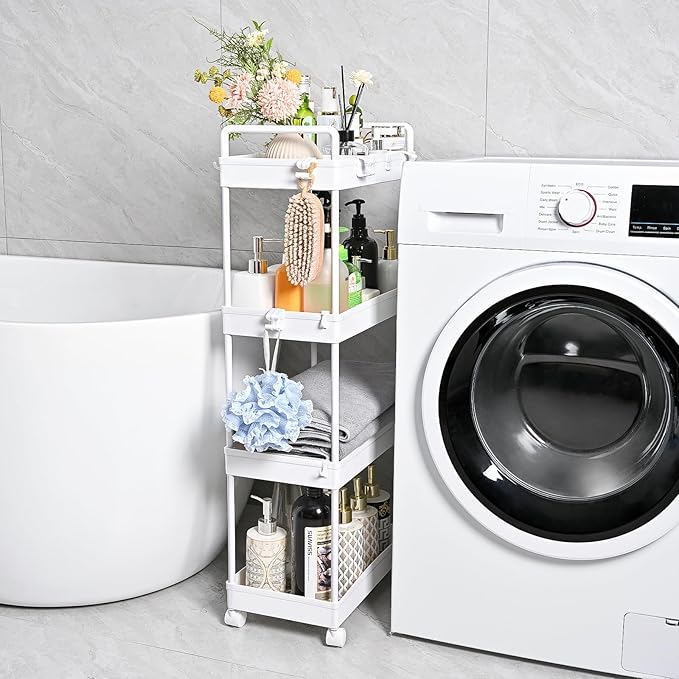 AROGAN Rolling Storage Cart with Wheels, 4 Tier Bathroom Storage Cart Laundry Room Organizer, Rolling Utility Cart for Kitchen, Bathroom, Laundry Room, Office, Narrow Place (White) - LeafyLoom