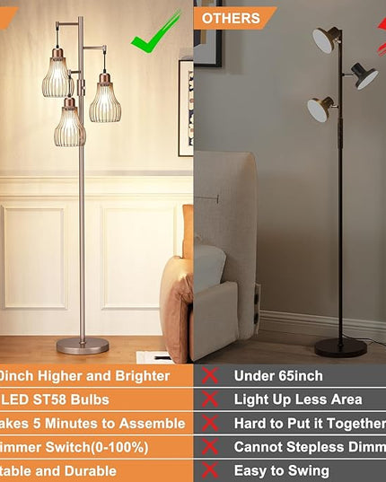 Dimmable Floor Lamps for Living Room, Industrial Tree Standing Tall Lamps with 3 Elegant Cage Shade & 800 Lumens LED Bulbs for Bedroom Office - Brown - LeafyLoom