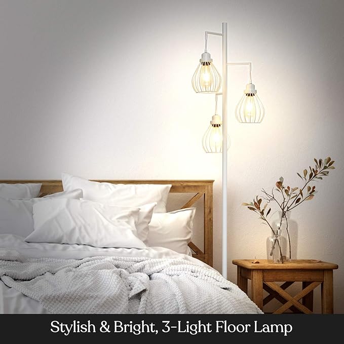 Brightech Teardrop LED Floor Lamp – Tree Standing Lamp with 3 Elegant Cage Heads & Edison Bulbs – Standing Lamp for Living Rooms & Offices – Tall Standing Lamp Ideal for Bedroom Reading – Alpine White - LeafyLoom