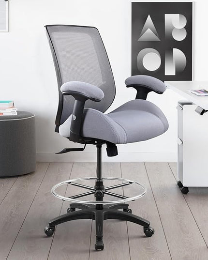 BOLISS Big and Tall 400lbs Mesh Ergonomic Drafting Chair,Tall Office Chair, Standing Desk Chair,Height Adjustable Armrest,Lumbar Support,Foot Ring,Swivel Computer Task Chair-Grey - LeafyLoom