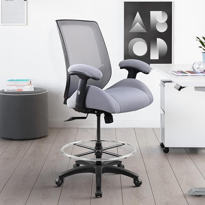 BOLISS Big and Tall 400lbs Mesh Ergonomic Drafting Chair,Tall Office Chair, Standing Desk Chair,Height Adjustable Armrest,Lumbar Support,Foot Ring,Swivel Computer Task Chair-Grey - LeafyLoom