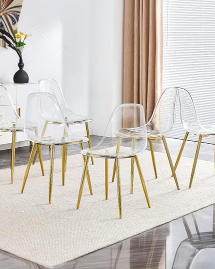 NicBex Dining Chairs Set of 6 Armless Crystal Clear Dining Chairs Modern Plastic Kitchen Chairs,Accent Ghost Chairs with Golden Metal Legs for Kitchen,Dining Room,Living Room,Transparent - LeafyLoom