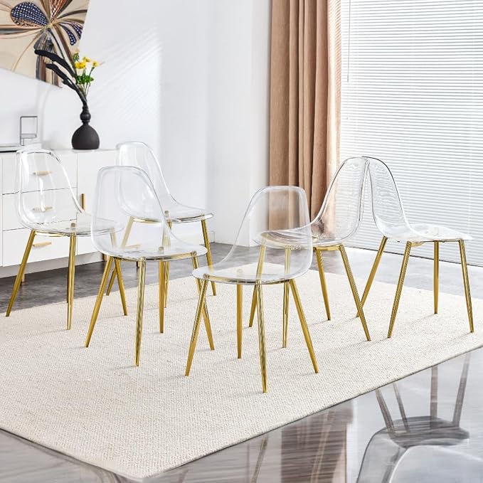 NicBex Dining Chairs Set of 6 Armless Crystal Clear Dining Chairs Modern Plastic Kitchen Chairs,Accent Ghost Chairs with Golden Metal Legs for Kitchen,Dining Room,Living Room,Transparent - LeafyLoom