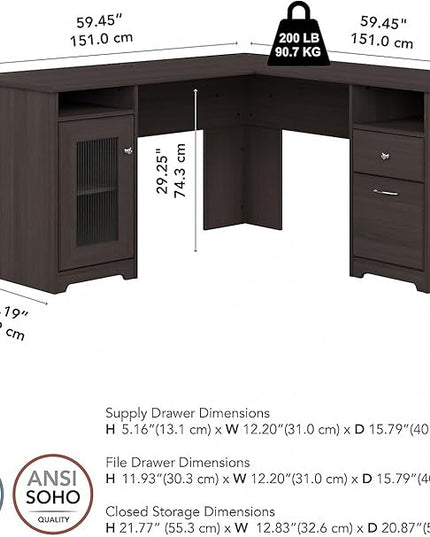 Bush Furniture Cabot L Shaped Computer Desk in Heather Gray | Corner Table with Drawers for Home Office - LeafyLoom