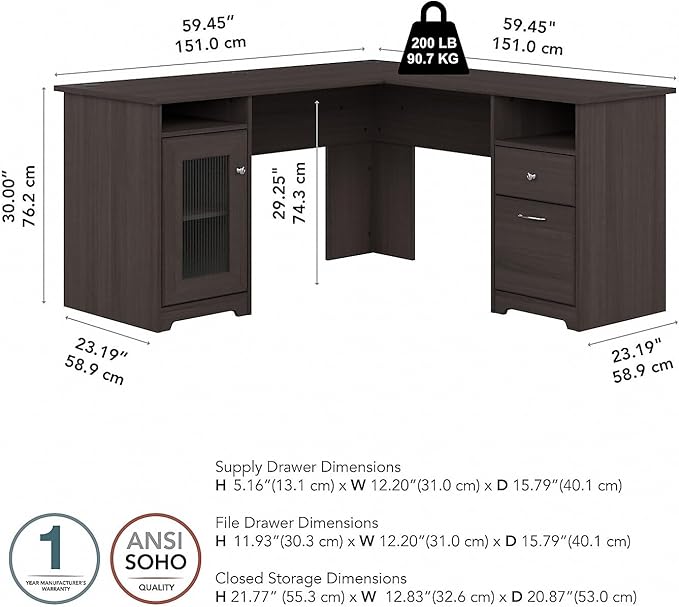 Bush Furniture Cabot L Shaped Computer Desk in Heather Gray | Corner Table with Drawers for Home Office - LeafyLoom