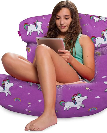 Posh Creations Structured Comfy Bean Bag Chair for Gaming, Reading, and Watching TV, Laguna Lounger, Canvas - Unicorn and Rainbows on Purple, Canvas Rainbow Unicorns - LeafyLoom