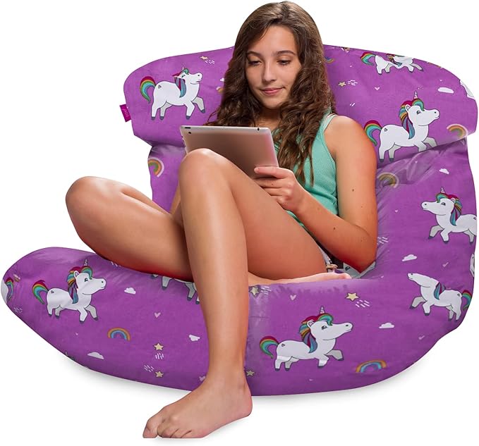 Posh Creations Structured Comfy Bean Bag Chair for Gaming, Reading, and Watching TV, Laguna Lounger, Canvas - Unicorn and Rainbows on Purple, Canvas Rainbow Unicorns - LeafyLoom