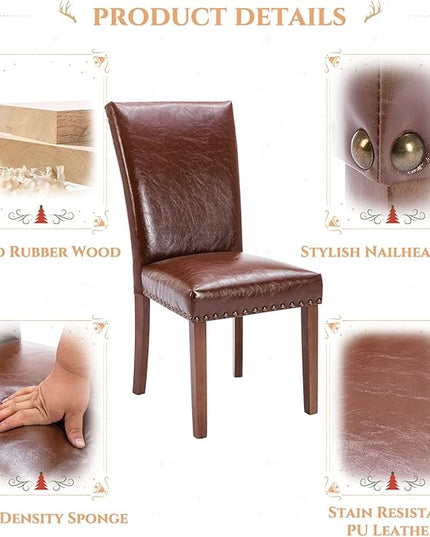Parsons Dining Chairs Set of 6, Upholstered Nailhead PU Leather Dining Room Kitchen Side Chair with Thick Cushions and Wood Legs, Light Brown - LeafyLoom
