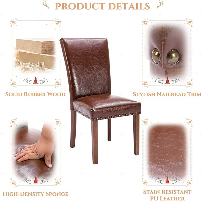 Parsons Dining Chairs Set of 2, Upholstered Nailhead PU Leather Dining Room Kitchen Side Chair with Thick Cushions and Wood Legs, Light Brown - LeafyLoom