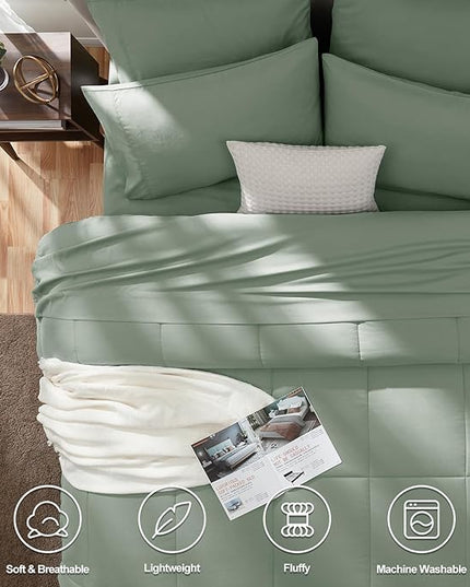 CozyLux King Size Comforter Sets - 7 Pieces Bed in a Bag Set Sage Green, Bedding Sets King with All Season Quilted Comforter, Flat Sheet, Fitted Sheet, Pillowcases, Sage Green, King - LeafyLoom