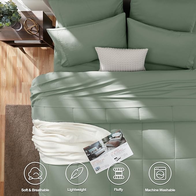 CozyLux King Size Comforter Sets - 7 Pieces Bed in a Bag Set Sage Green, Bedding Sets King with All Season Quilted Comforter, Flat Sheet, Fitted Sheet, Pillowcases, Sage Green, King - LeafyLoom