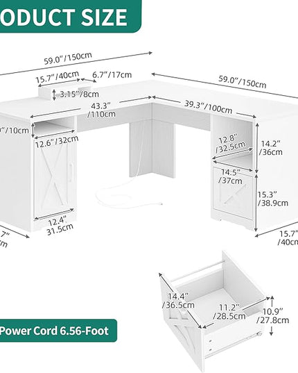YITAHOME L Shaped Desk with Power Outlets, 60 Inch Computer Desk Corner Desk with File Drawer, Home Office Desk with Monitor Stand & Storage Shelves, L-Shaped Desk with File Cabinet, White - LeafyLoom