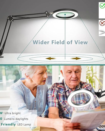 8X Magnifying Glass with Light, 5 Inches Real Glass Lens LED Desk Lamp with Clamp, 3 Color Modes Stepless Dimmable Lighted Magnifier with Light and Stand for Reading Crafts Repair Close Works - Black - LeafyLoom